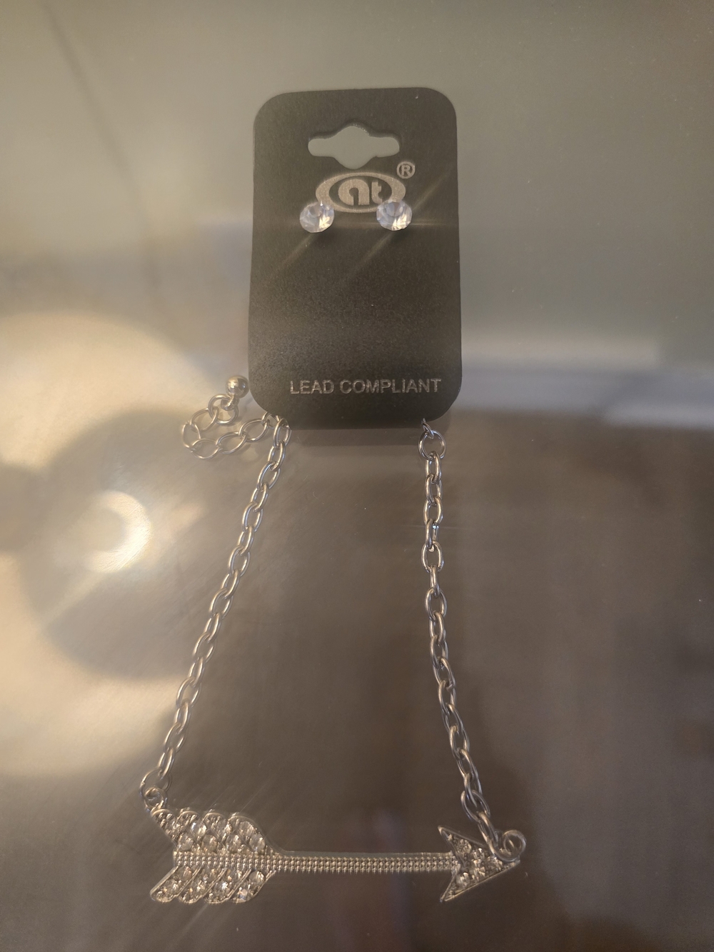 Silver Arrow Pendant Necklace with Clear Crystal Accents - Lead Compliant